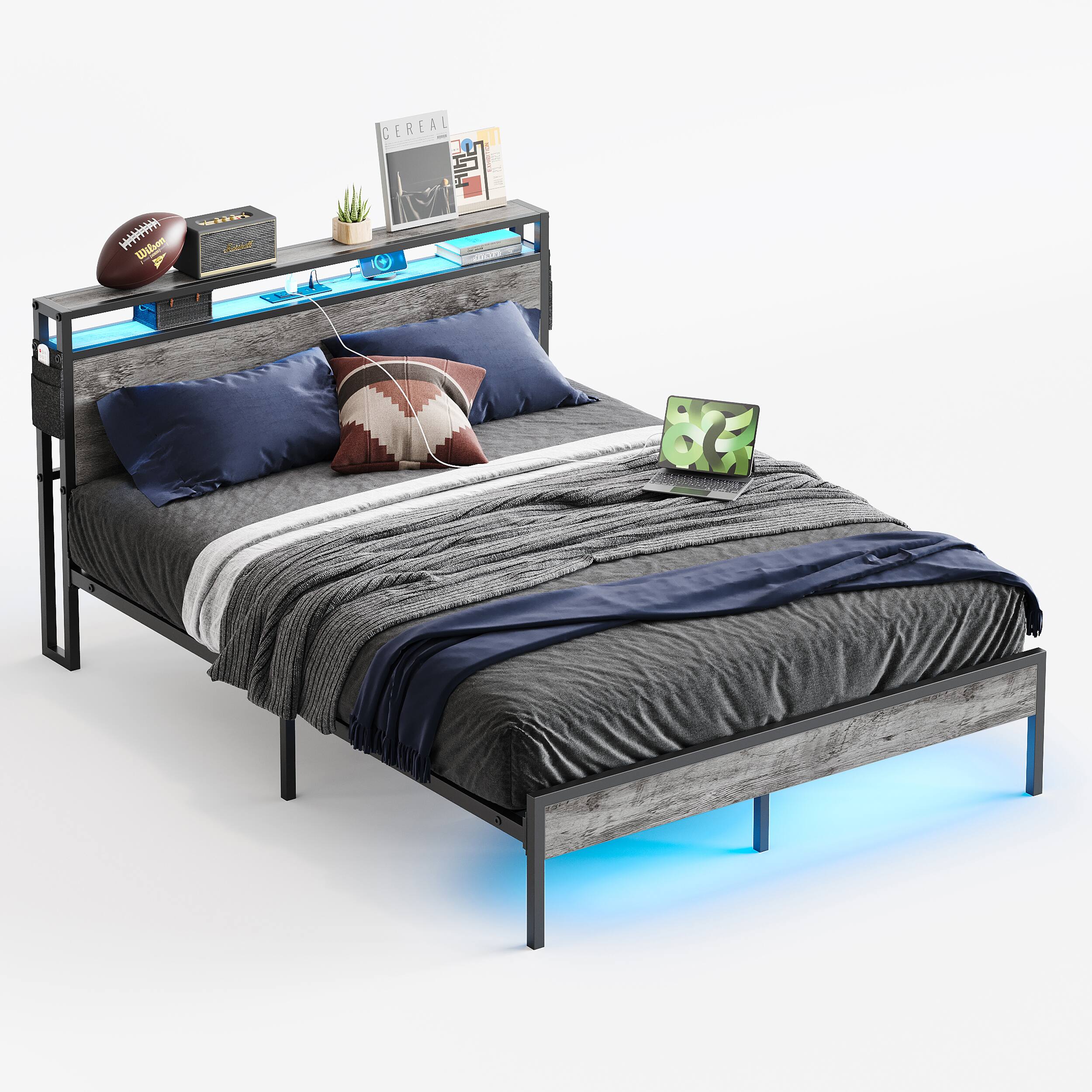 Bestier - Queen Size Bed Frame Platform Bed with Storage Headboard LED Lights and Charging Station - Gray - Image 2